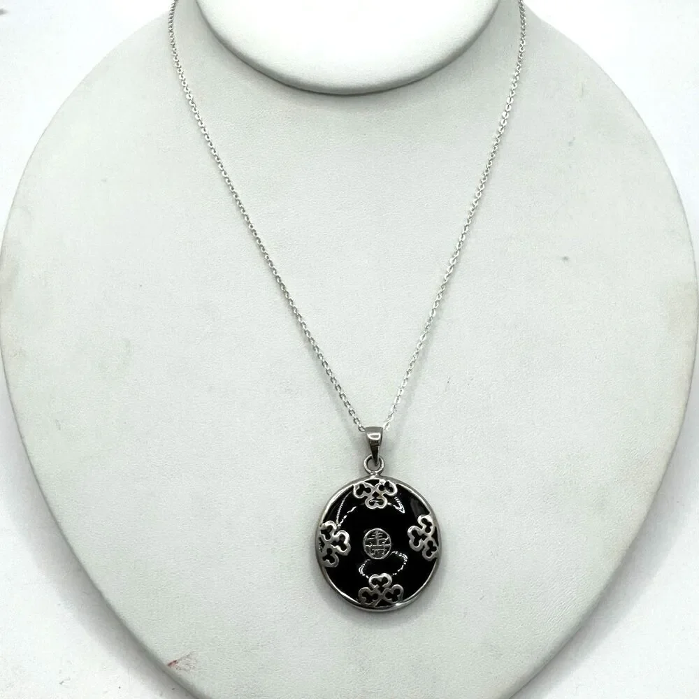 925 Italy Sterling Silver Onyx Donut Circle Necklace Chinese Characters 20”